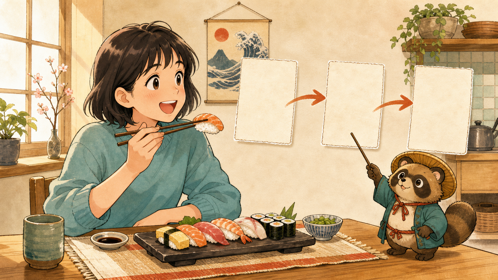 Aki mangia sushi mentre un tanuki sensei mostra tre carte: io, sushi, mangio